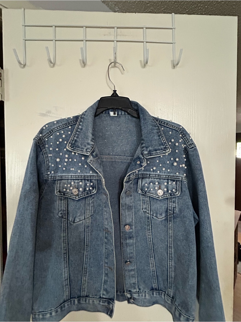 Denim Jacket with Pearl Studs - Blue - Picture 5 of 7